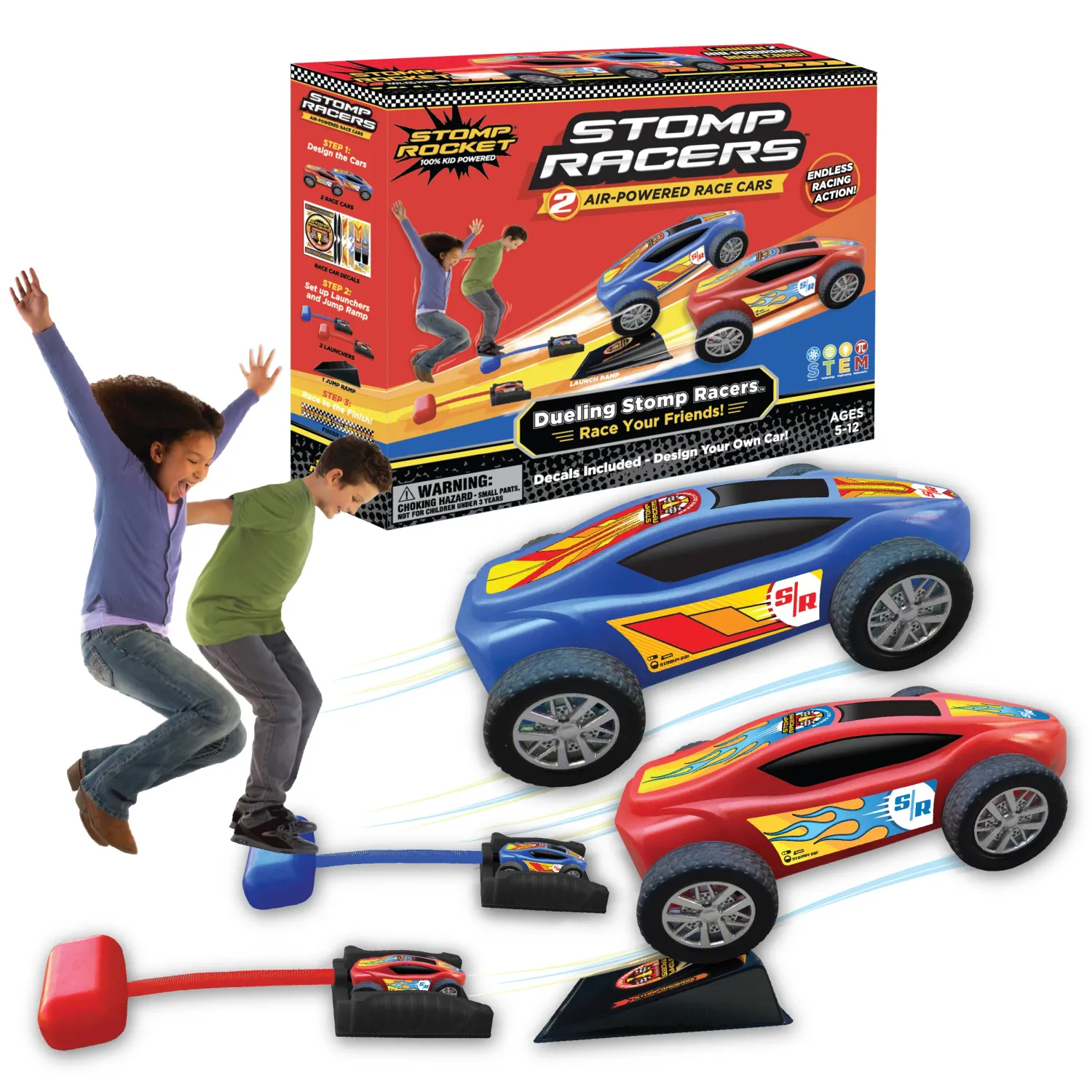 A colorful box of Stomp Racers with two air-powered race cars, stomp launchers, and kids playfully jumping while racing.