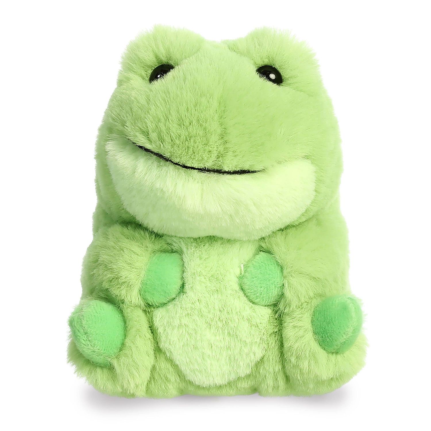 Small round green smiling frog plush.