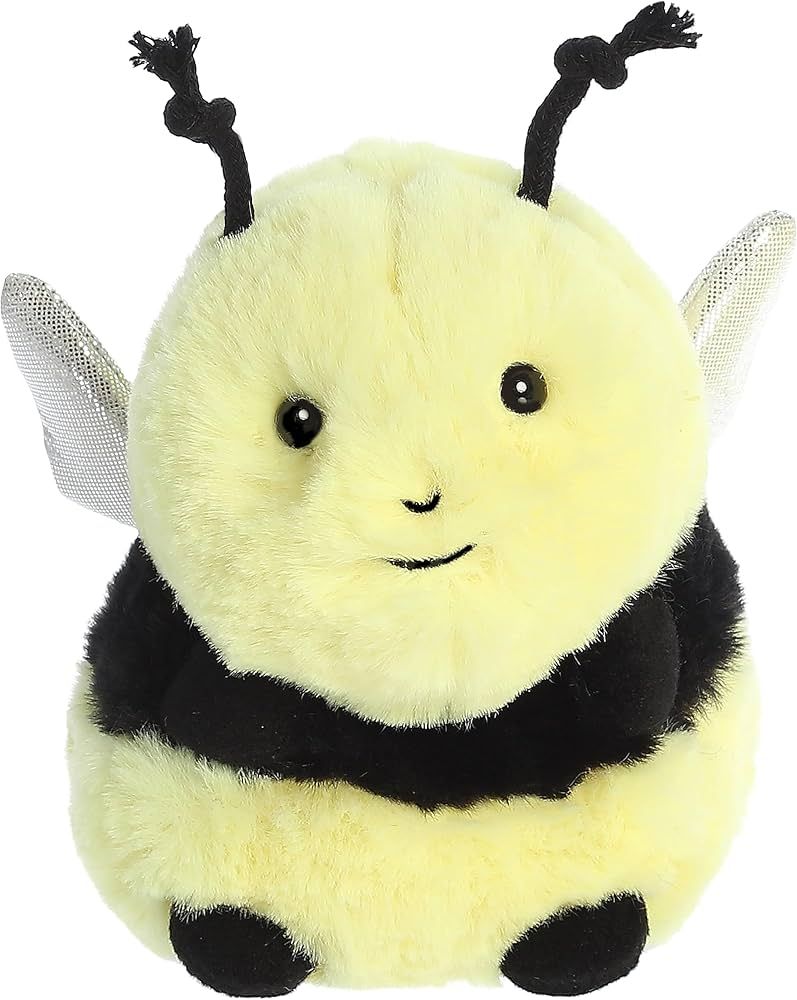 A friendly smiling bee with shiny wings and sewn in eyes.