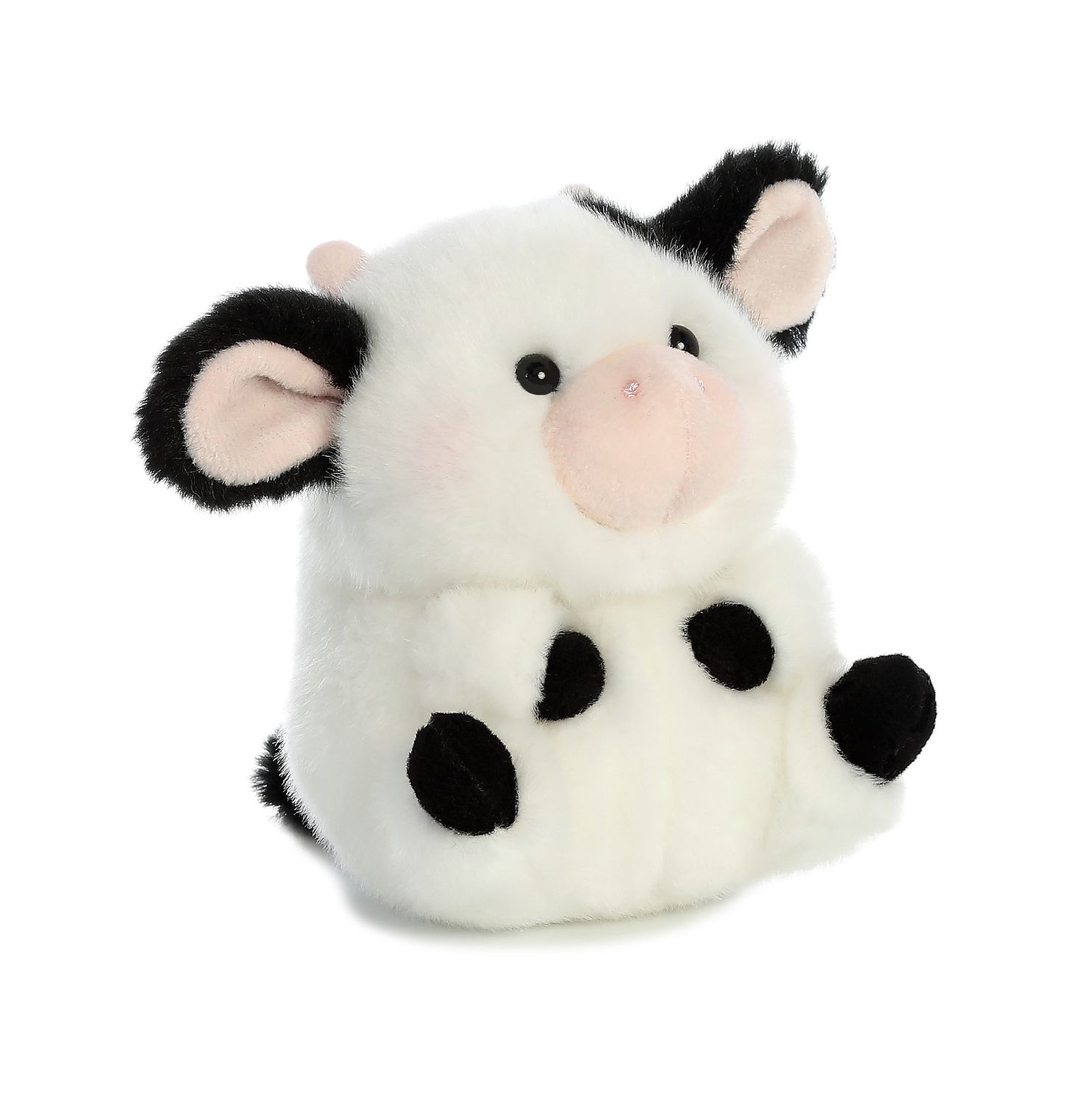 A small round cow plush with adorably expressive ears.