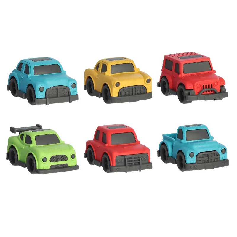 A set of six different cars that are blue, red, yellow and green