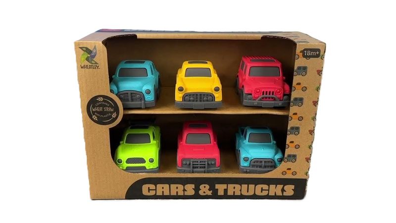 A set of six different cars that are blue, red, yellow and green in a cute themed packaging. Made out of wheat straw plastic