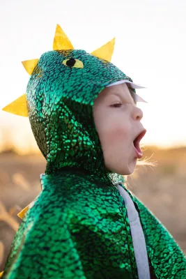 A shiny green scaled dragon cape with bright yellow eyes on a small child roaring.