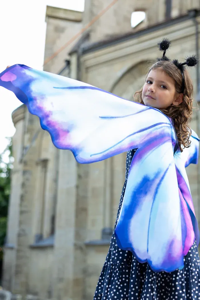 A small girl with outstretched arms showing off her pretty blue and purple butterfly wings.
