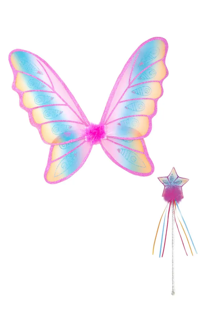 A pair of pink, blue, and yellow glittery fairy wings including a cute star shaped wand with a pink tuft of magic on it.