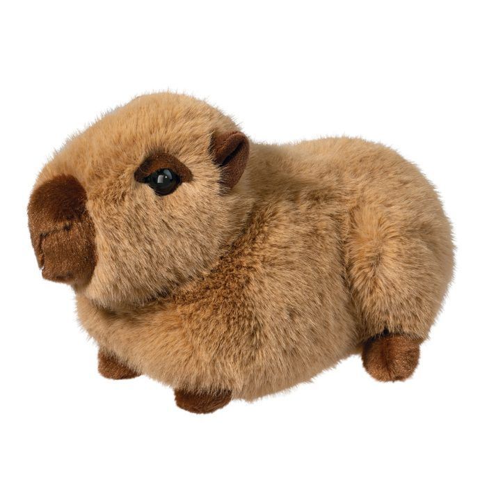 A plush capybara toy with soft, light brown fur, dark brown paws, and large, shiny black eyes. The toy is cute and cuddly, conveying warmth.