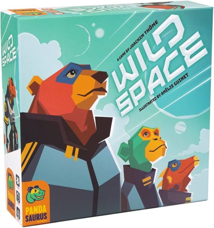 Blue board game labeled &quot;Wild Space&quot; with three different animals in space suits.