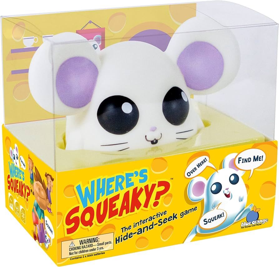 A game with a large mouse doll called &quot;Where&#39;s Squeaky?&quot; The box looks like a wedge of cheese