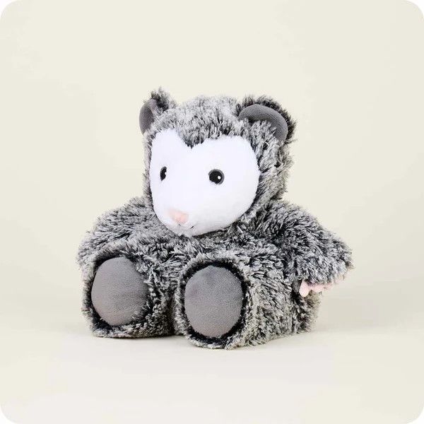 A cute gray possum weighted lavender scented warmie