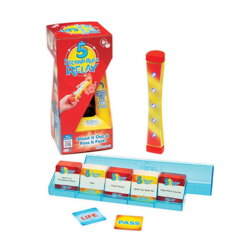 "5 Second Relay" out of the box with a bright red and yellow light up baton and a set of 374 different cards