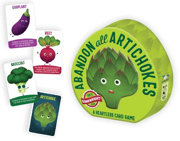 A bright green card game called &quot;Abandon All Artichokes&quot; with a variety of veggies on cards.