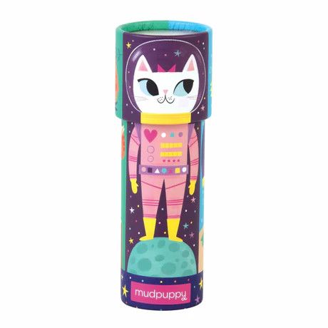 A colorful space themed kaleidoscope with an astronaut cat on the front.
