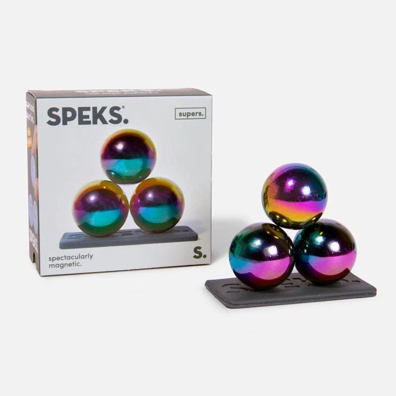 A set of magnetic desk fidgets called Speks Supers with a cool chromatic color