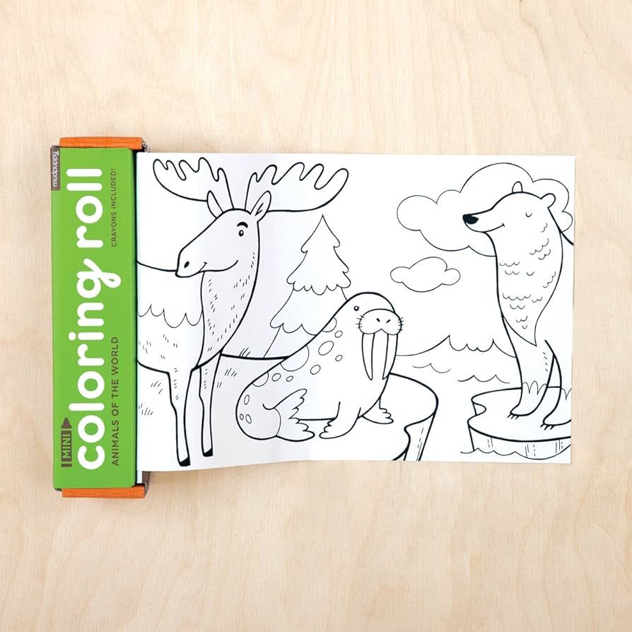 A coloring roll with nice defined lines showing a variety of animals perfect for coloring on the go. 