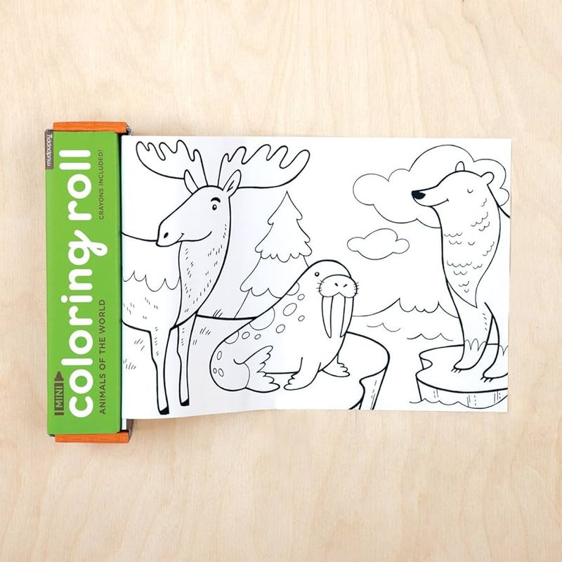 A coloring roll with nice defined lines showing a variety of animals perfect for coloring on the go. 