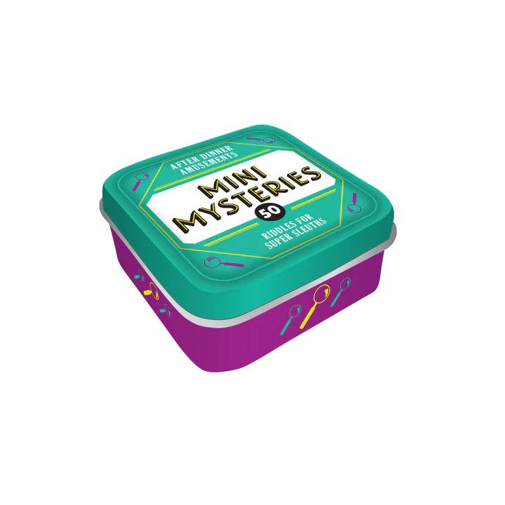 A tin case of mini mysteries meant to be played for after dinner fun.