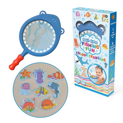 A shark themed net set for catching little color changing fish stackers.