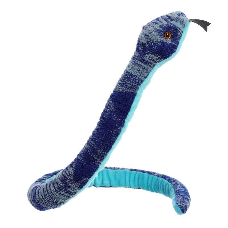 A beautiful blue snake plush with a bright blue belly sticking it&#39;s tongue out.