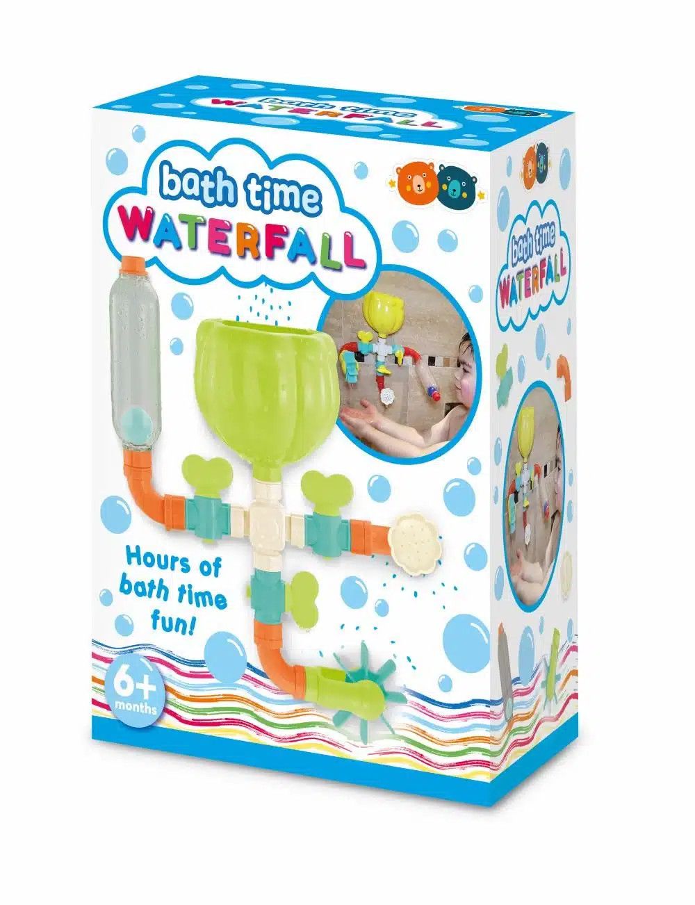 A bath time waterfall box with bright bubbly designs and 11 interchangeable parts.