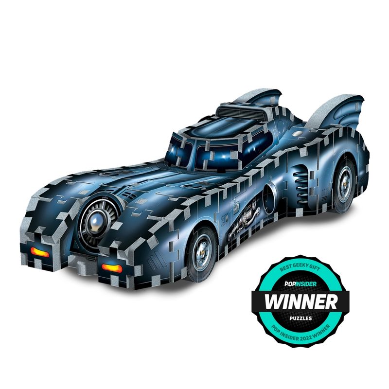 A 3D batmobile puzzle fully assembled.