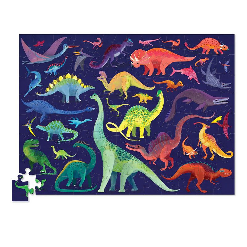 A 100 piece dinosaur puzzle with a cute blue toned dino pattern.