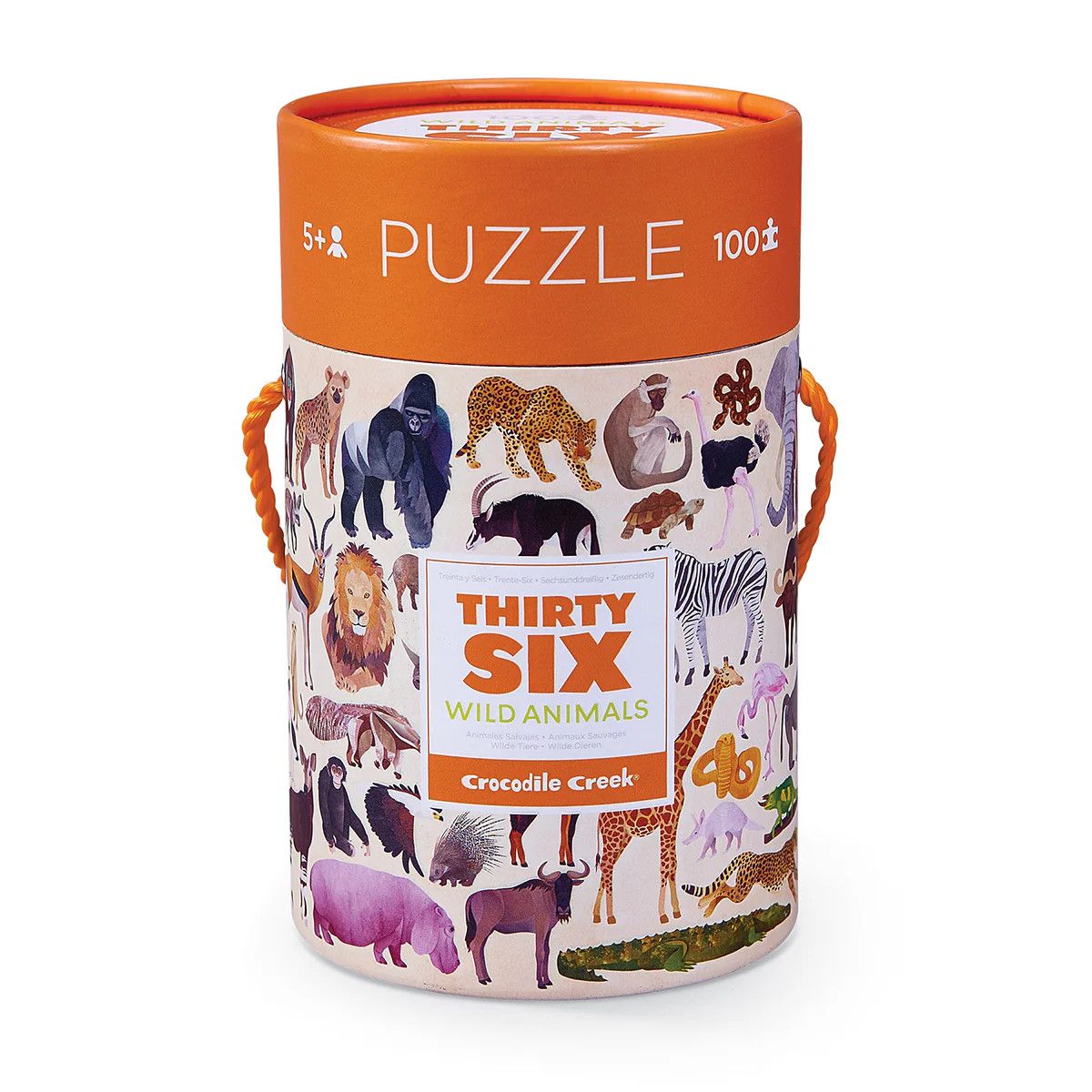 A 100 piece puzzle with a variety of 36 different zoo animals.