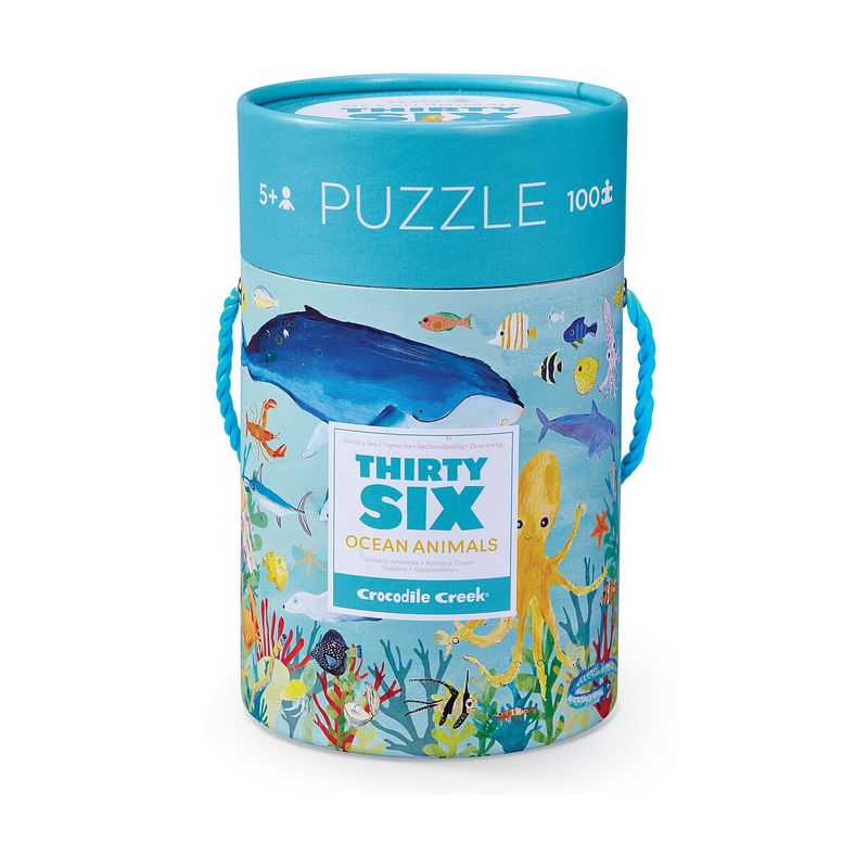 A 100 piece puzzle with thirty six different types of sea animals.