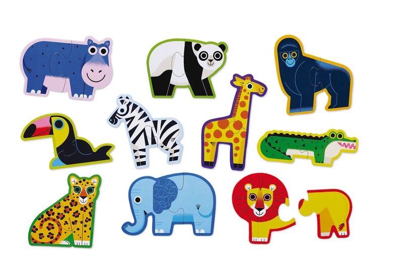a set of 10 two piece jungle animal beginner puzzles.