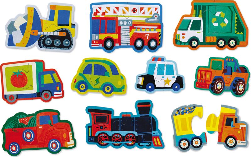 A set of 10 two piece vehicle beginner puzzle sets.