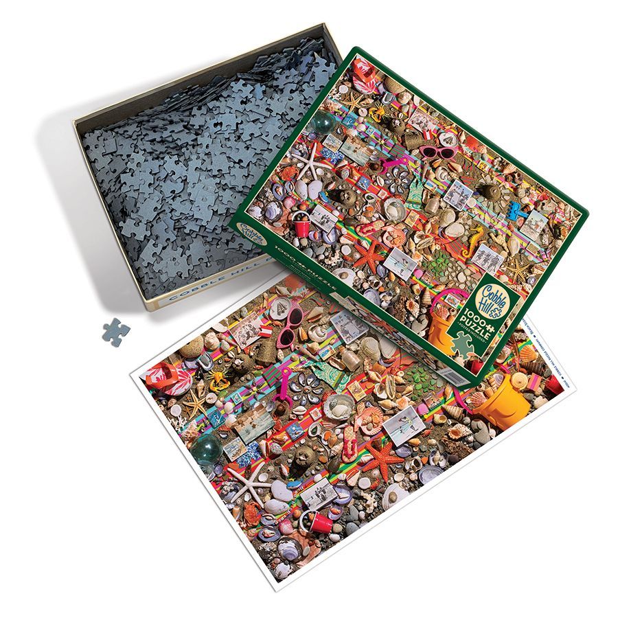 A 1000 piece puzzle of a colorful collage of a beach scene in the summer time.