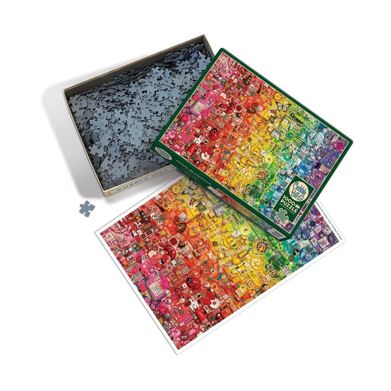 A 1000 piece collage puzzle of a variety of items assorted into a rainbow.