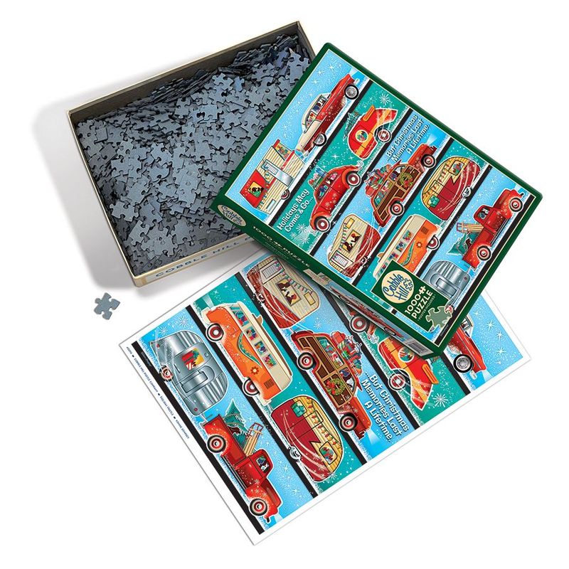 A 1,000 piece holiday collage puzzle of cars and Christmas trees.