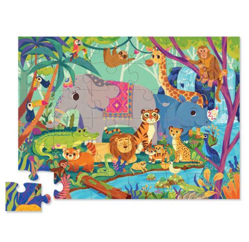A 36 piece puzzle of the jungle. With vibrant colors and cute animals.