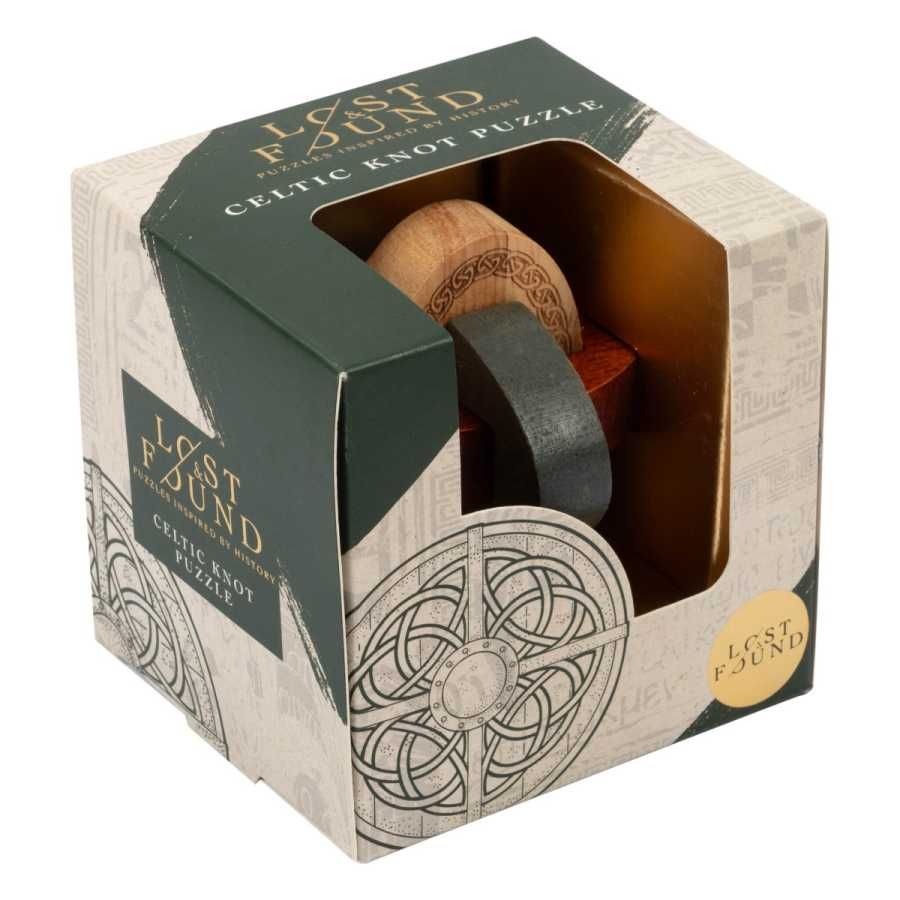 A Celtic styled green and gray box containing a wooden Celtic knot puzzle.