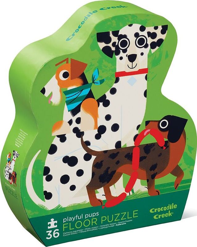 A trio of three cute pups on the front of a green 36 piece puzzle box.