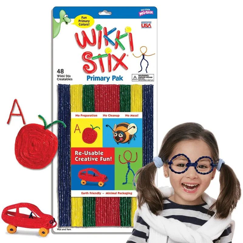 A small girl wears a set of wikki stix hand made glasses. Theres also examples of things you could build with Wikki Stix.