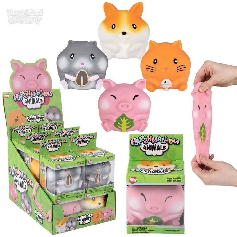 A variety pack of marshmallow farm animal squishies. It includes a pig, hamster, cat, and shiba dog.