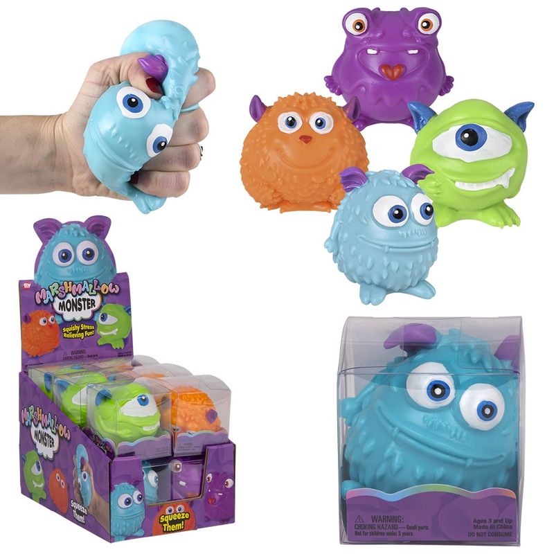 A variety of marshmallow monsters. Including a blue, orange, green, and purple monster.
