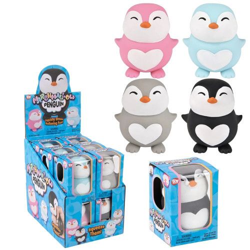 A variety of marshmallow penguins, coming in pink, blue, gray, and black color options.