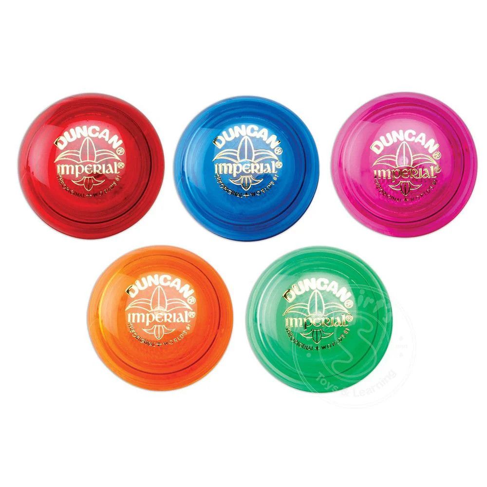 A variety of classic Duncan Imperial yoyos coming in colors like red, blue, pink, green, and orange.