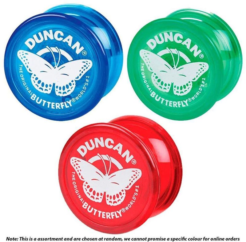 A variety of classic Duncan yoyos coming in colors like red, blue, and green.