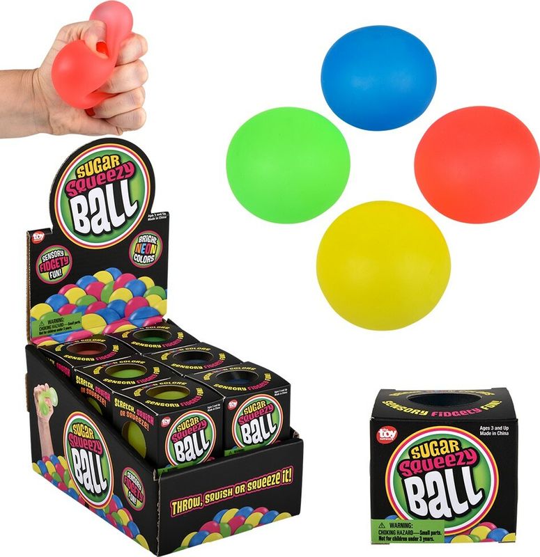 A variety of Sugar Squeezy Balls coming in a variety of colors like red, yellow, green, and blue.