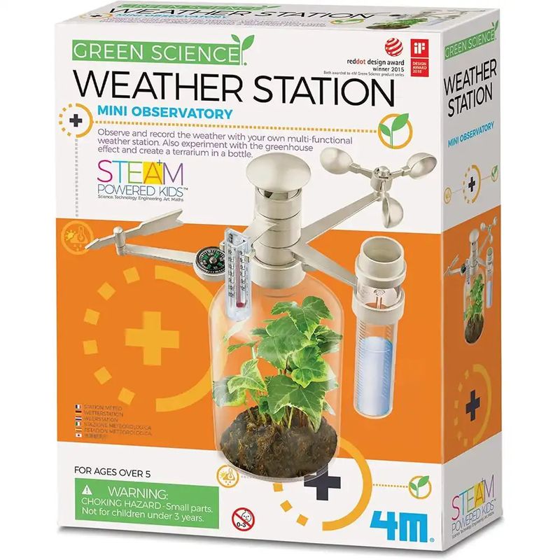 A green science weather station box with bright yellow color and an example of what you can build.