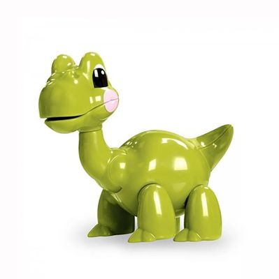 A cute and happy green brontosaurus made out of recycled wheat plastic.