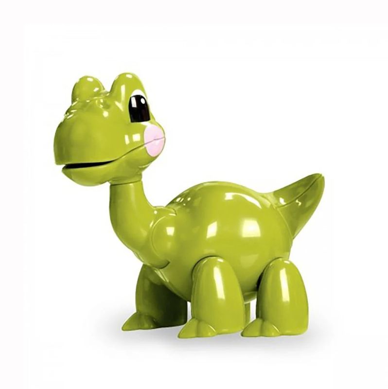 A cute and happy green brontosaurus made out of recycled wheat plastic.