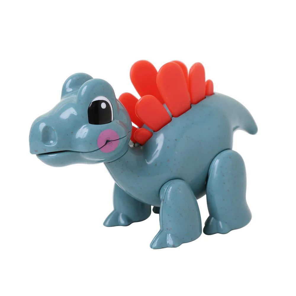 A colorful blue and red stegosaurus toy made out of recycled wheat plastic.
