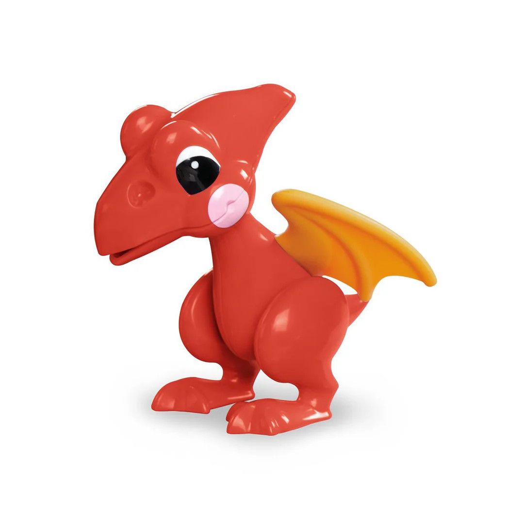 A bright orange and red pterodactyl with a cute face made out of recycled wheat plastic.