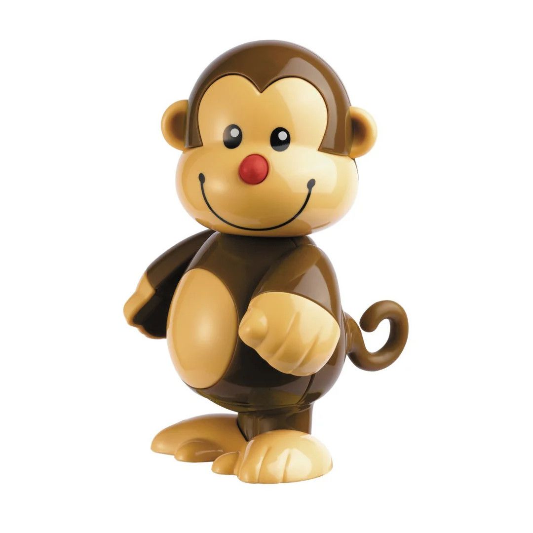 A cute little monkey toy made out of recycled wheat plastic.