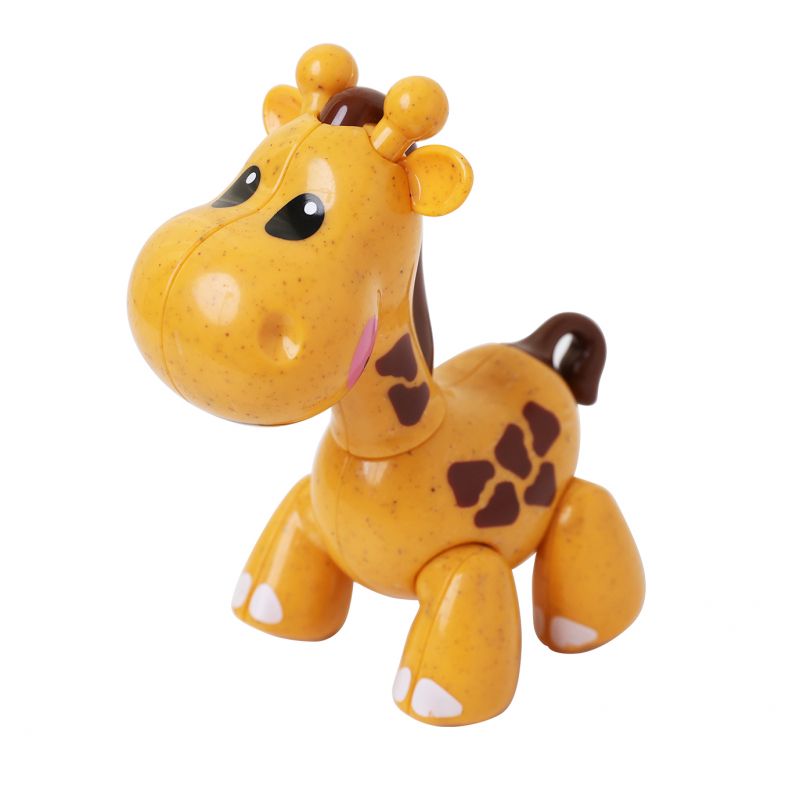 A brightly colored giraffe made out of recycled wheat plastic.