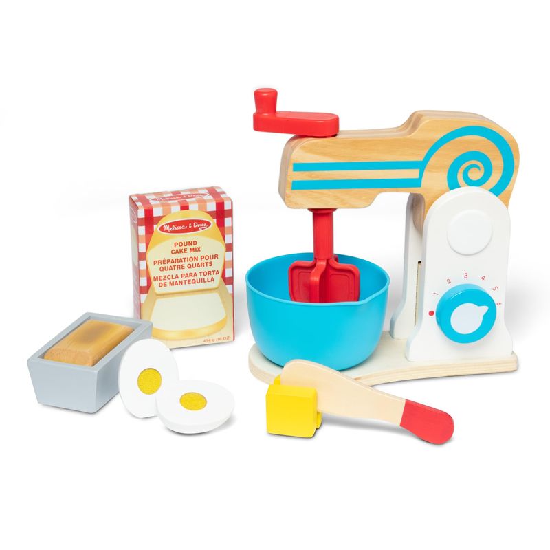 A pretend play Melissa and Doug wooden stand mixer with fake food and utensils.